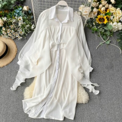 shirt dress loose puff sleeve SMOCKED PUFF-SLEEVE - WHITE comfy cotton blend fabric Code Women Stand Collar Loose Long
