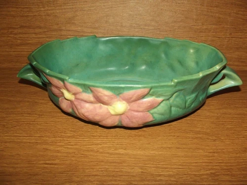 Vtg Roseville Casserole Dish Pink Clematis Blossoms Green Backdrop VGC Free S/H