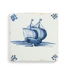 Nice Dutch Delft Blue tile, boat, 17th century.