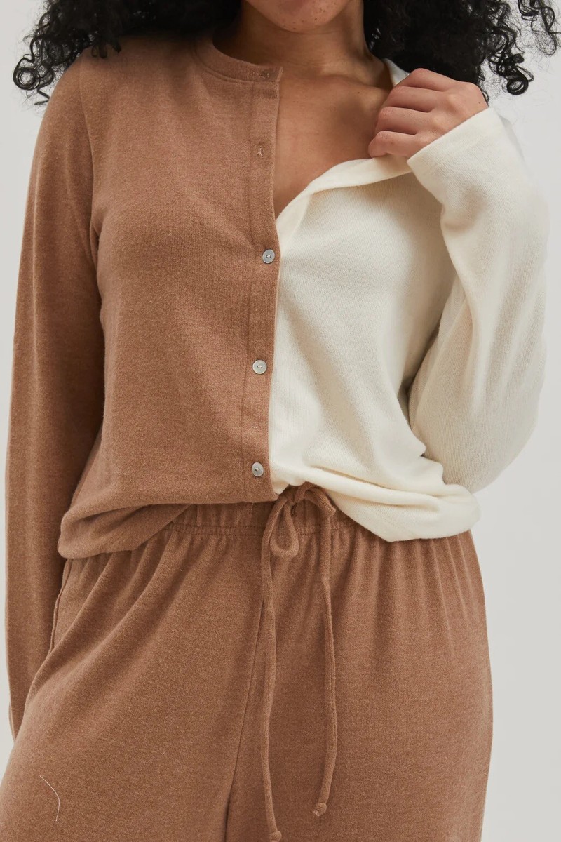 Duo Sweater Cardigan Creme Camel V Neck Color Block M NWT $159