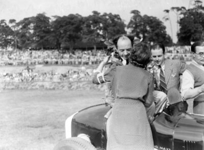 Raymond Mays, ERA, 1st position, is congratulated after the race 1937 Old Photo