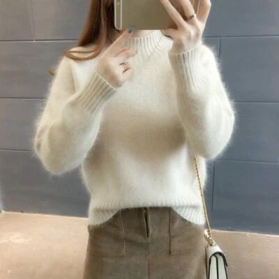 Pull Turtleneck En Mohair Doux Pour Femmes, Tricot Fluffy, Haut Uni - Photo 1/4