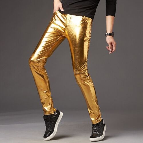 Herren Kunstlederhose Hose Langglanz Club Tanzkleidung Punk Gothic Gold Neu - Bild 1 von 17