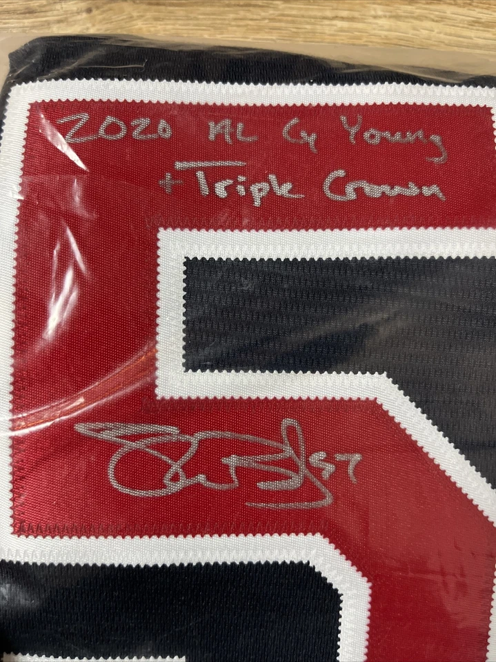 Shane Bieber Auto Jersey JSA “Not Justin” & 2020 MLB AL Cy Young + Triple Crown - Image 3 of 4