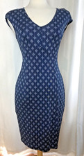 Tory Burch 100% Silk Navy Blue Monogram Logo Print Dress 31142415 Cap Sleeve XS