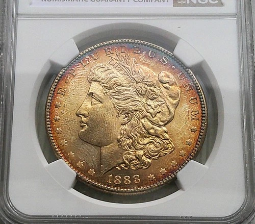 1888 $1 MORGAN SILVER DOLLAR NGC MS 65-TWO SIDED TONER-COLORFUL GEM-BETTER DATE-