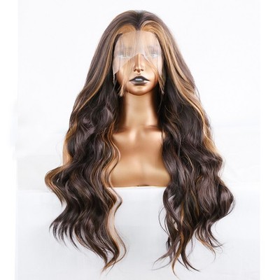 Long Wavy Brown Highlight Mix  Lace Front Synthetic Hair Heat Ok Wigs Women Soft