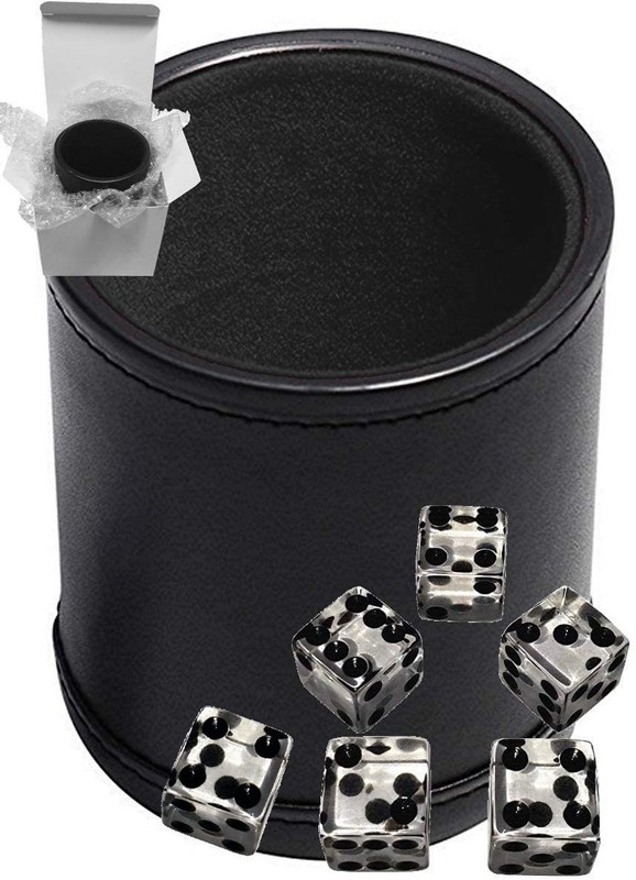 (6) 16mm Transparent Clear Dice + PU Leather Black Felt Lined Cup Gift Boxed