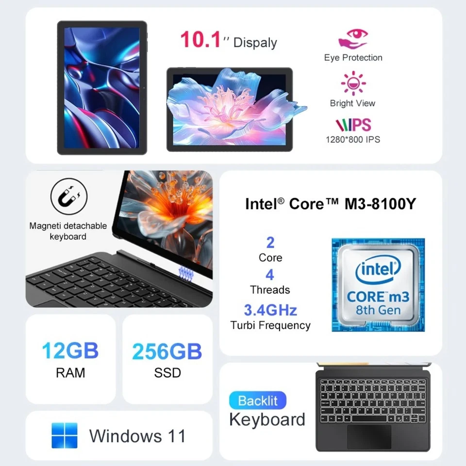 10,1 Zoll 2 in 1 Laptop Touchscreen 12GB RAM 256GB Windows 11 UHD Magnetische DE - Bild 2 von 4
