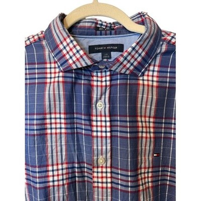 Tommy Hilfiger Button Down Shirt Mens Red White Blue Plaid Cotton Long Sleeve L