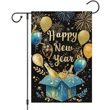 Happy New Year Garden Flag 12x18 Inch Double Sided Burlap Firework Gilded