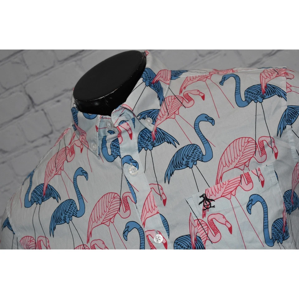 Original Penguin Munsingwear Shirt Men Size Large Hawaiian Blue Pink Flamingo - Image 3 of 4