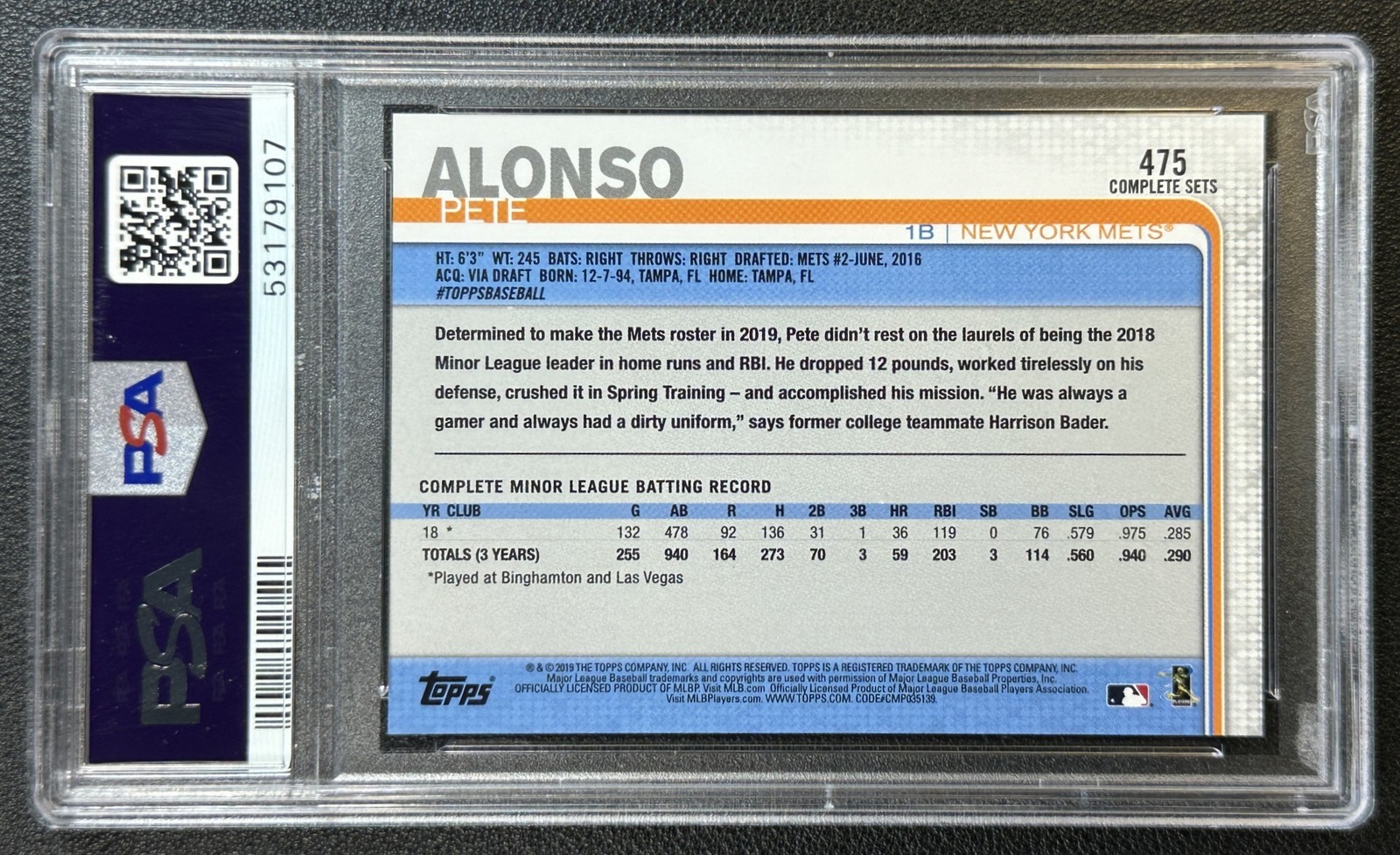 PETE ALONSO PSA 10 2019 TOPPS #475 ROOKIE IMAGE VARIATION NO SOCK SHOWING 9107 view 2
