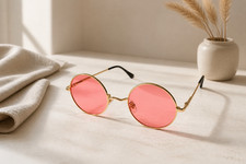 Small Face Round Lennon Sunglasses Pink Lens Vintage Retro Steampunk Style UV400