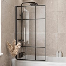 Shower Screen Over Bath Door Hinged Black Grid Framed Safety Glass 800x 1400mm
