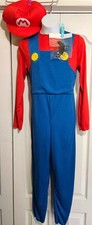 Super Mario Costume Kids 10-12 Jumpsuit Hat Mustache Halloween Nintendo Gaming