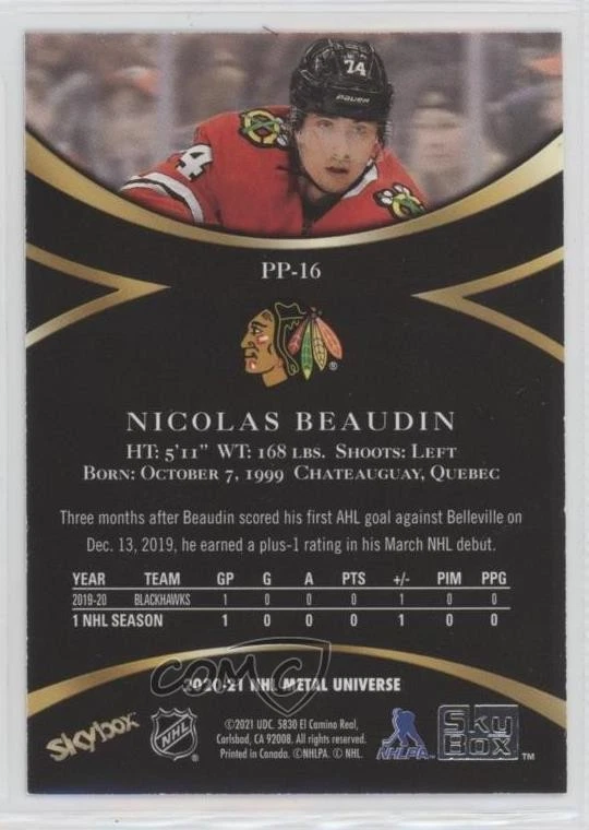 2020-21 Skybox Metal Universe Star Emeralds /10 Nicolas Beaudin #PP-16 Rookie RC - Image 2 of 2
