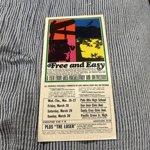 Original Vintage Surf Movie Poster Free And Easy 11 By 5 1/2c All Night ...