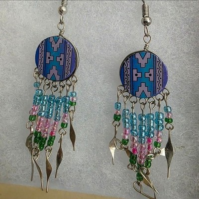 Beaded Native American Ethnic Dangle Earrings Blue Pink Green Glass Handmade
