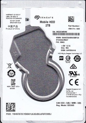 ST2000LM007 p/n: 1R8174-568 f/w: SBK2 s/n: WDZC WU FEB/2018 2TB SATA 2.5 SEAGATE