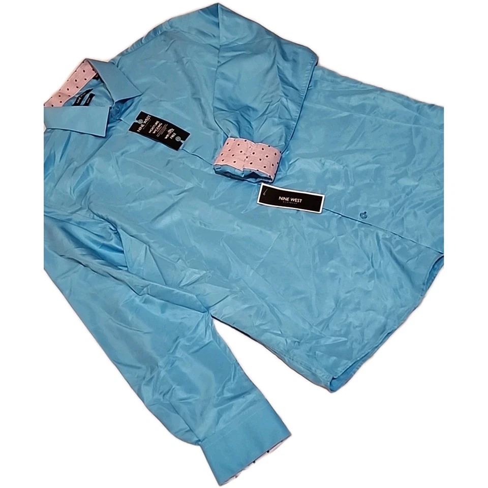 Nine West 衬衫男式 XL 17-17.5 34/35 修身纽扣长袖蓝色新品 — 第 3/4 张图片