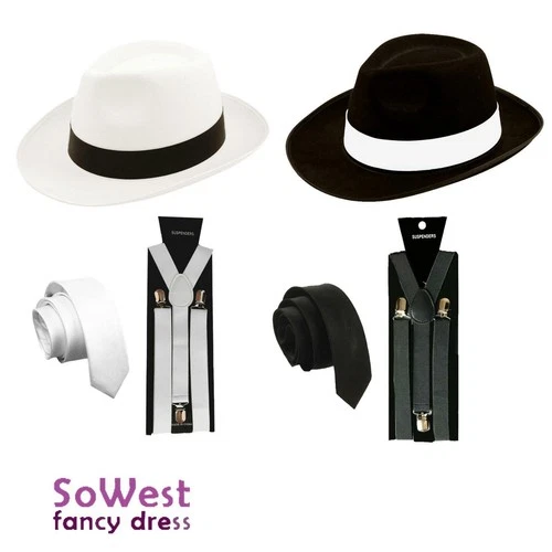1920's GANGSTER MAFIA PIMP ADULT FANCY DRESS TIE HAT BRACES MENS OUTFIT