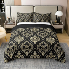 Black Gold Damask 100 Cotton King Duvet Cover, Vintage Floral Bedding Set