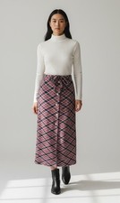 Vtg Maxi Skirt Plaid Red Blue Preppy 70s Academia Diagonal Button Tie Small