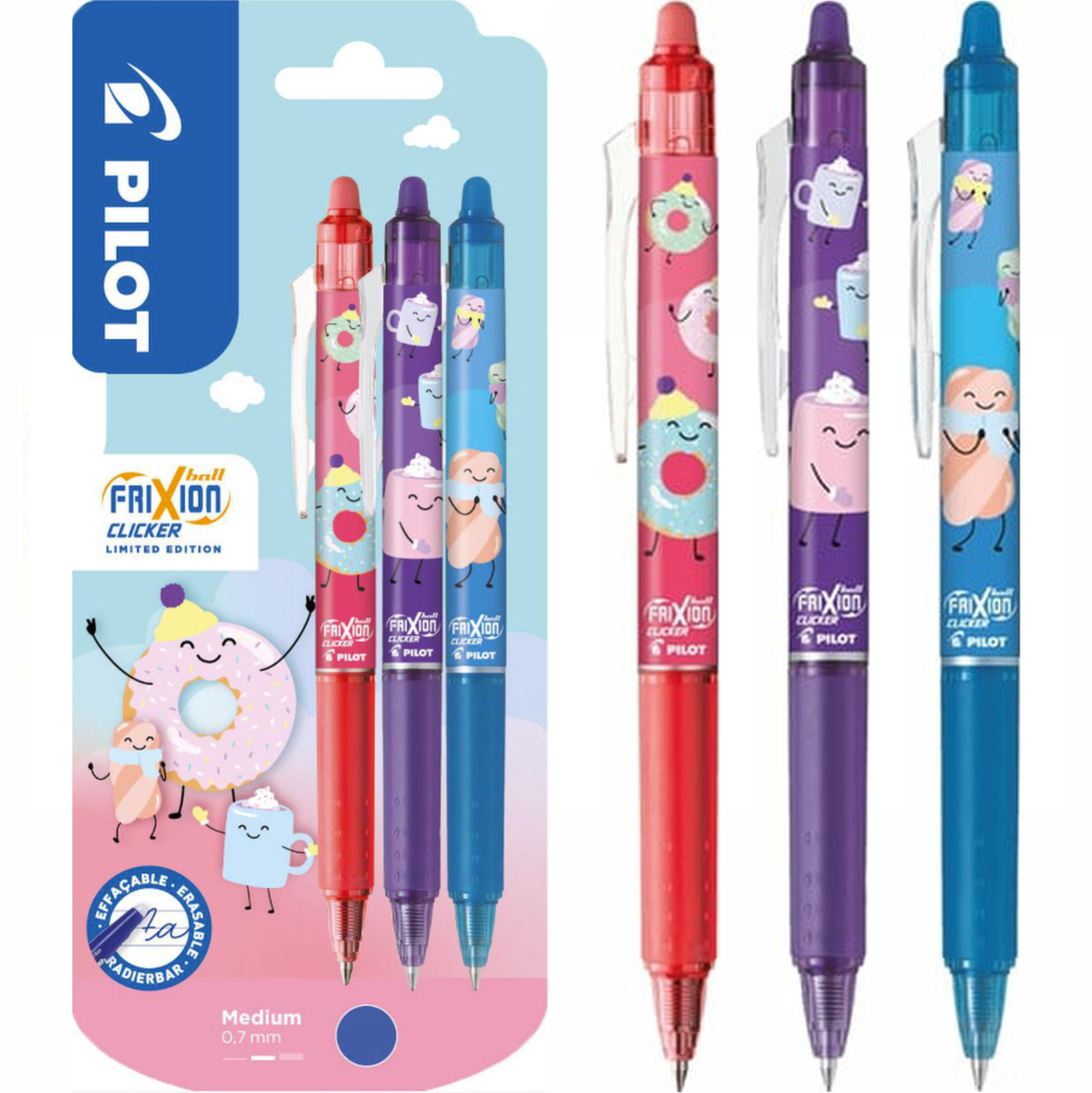 Pilot FriXion Clicker Sweet Paradise Erasable Rollerball Pen Pack of 3 Assorted
