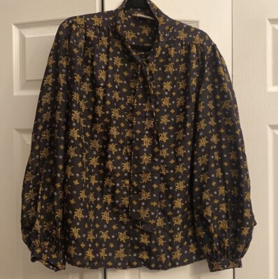 Iwan Tirta Genuine Wax Batik Blouse Womens Size M Black Gold Silk Tie Neck Top