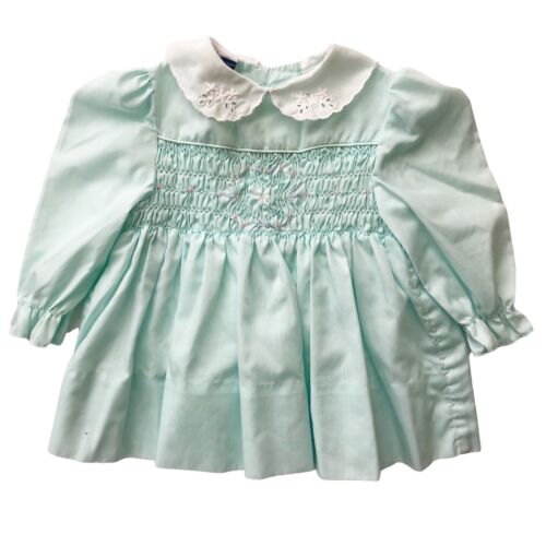 VTG Polly Flinders Toddler Girl 12 Mo Hand Smocked Embroidered Dress Aqua - Picture 1 of 7