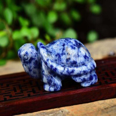 Natural Blue Sodalite Quartz Carved Longevity Turtle Crystal Energy Healing Rock