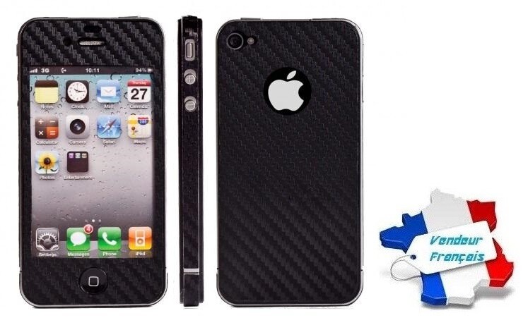 Etui coque rabattable style carbone noir pour iPhone 4 et 4s