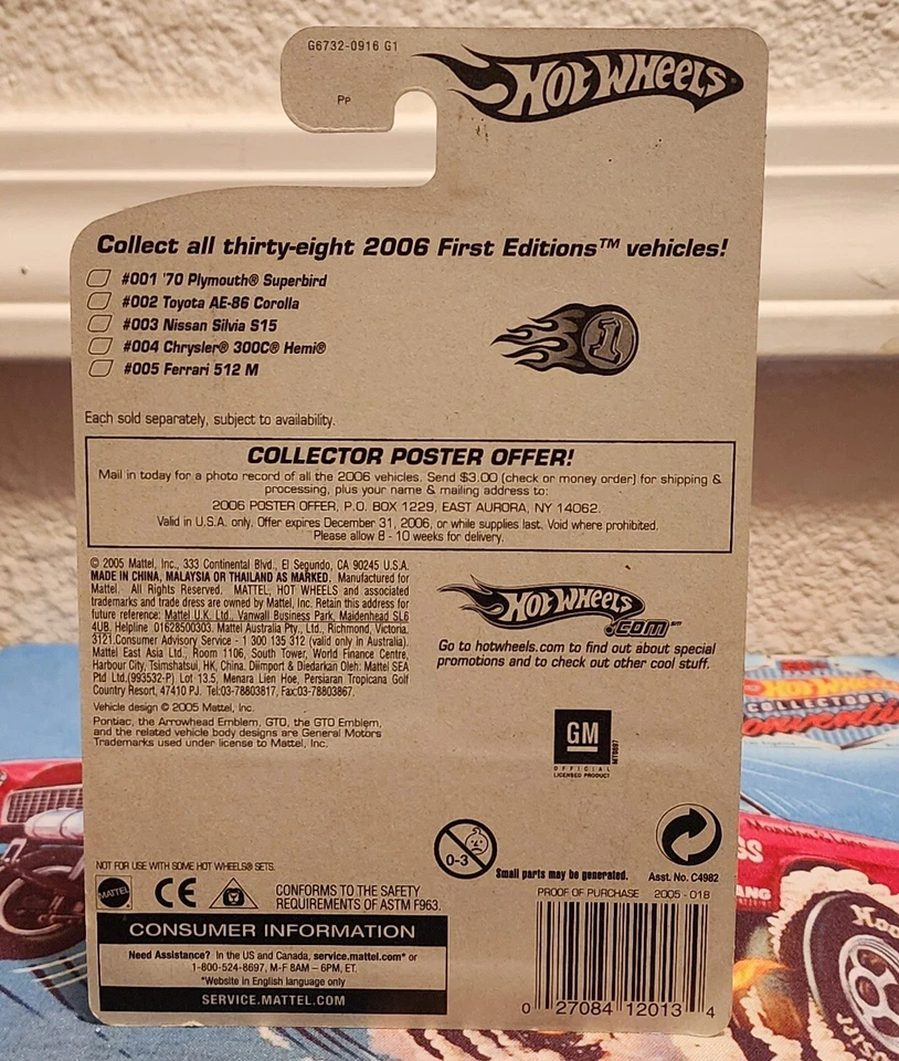 2005 Hot Wheels Kmart #18 First Editions Realistix '69 PONTIAC GTO Drk Red w5Sp  - Image 3 of 3