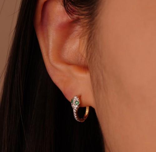 Pendientes de aro de oro liso REAL de oro liso de 14 K esmeralda de diamante real, pendientes de aro de bisagra - Imagen 5 de 9