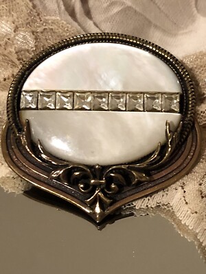 VINTAGE BROOCH ERMANI BULATTI MOTHER OF PEARL CRYSTALS PEWTER GORGEOUS! 2.5X2.75