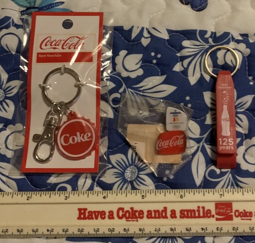 125 YEARS KEYCHAIN BOTTLE OPENER &VANCOUVER 2010 OLYMPIC PIN & COKE KEYCHAIN
