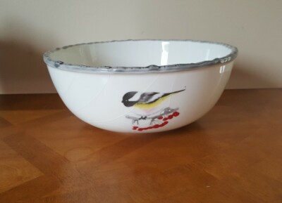 Global Design Kate Williams Winter Chickadee Gray Trim Red Berries 10'' Veg. Bowl