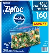 Ziploc Half Gallon Freezer Bags (160 Ct.) Grip 'N Seal, BPA Free, Microwave Safe