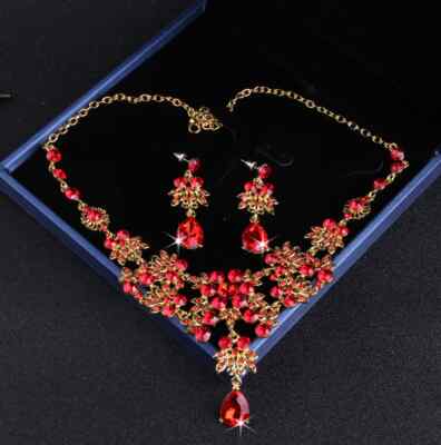 Gold Red Crystal Rhinestone Necklace Earring Jewelry Set Bridal Wedding  Party