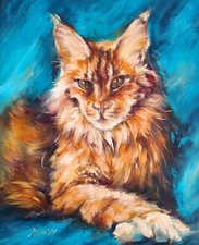 Dipinto olio gatto zenzero Maine Coon originale impressionista non teso 20" x 16"