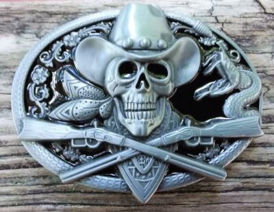 XGALBLA Western Cool Ghost Skeleton Cowboy Skull Rifles Guns Belt Buckle For Mens(Blue