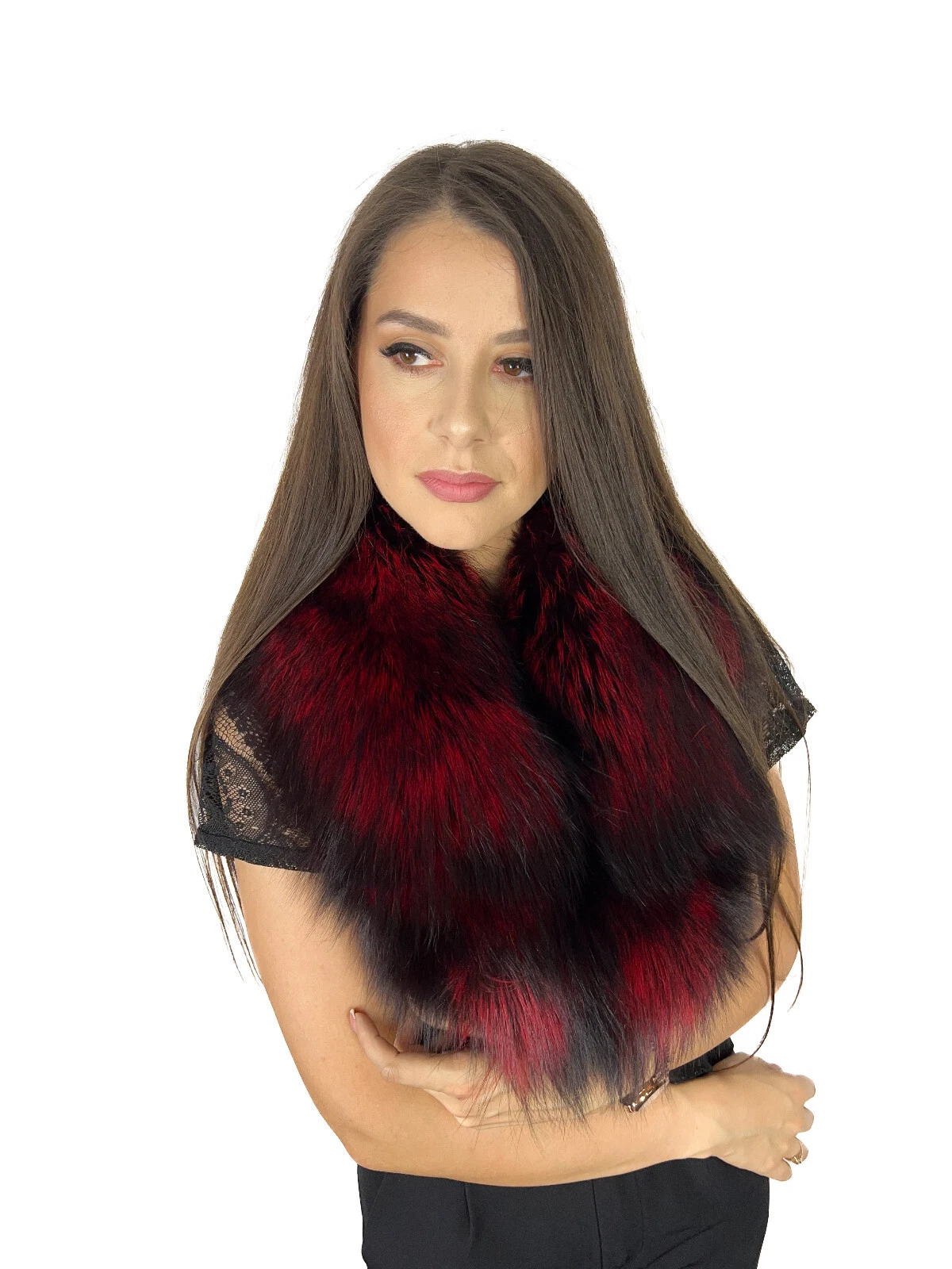 Silver Fox Fur Scarf 35" (90cm) Dark Red - Black Color Saga Furs Real Fur Collar