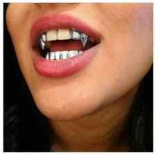 Custom 14K White Gold Plated Lower Teeth Grillz & Upper Top Double Fangs 3pc Set