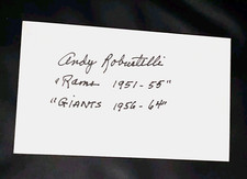 ANDY ROBUSTELLI added "RAMS 1951-55 GIANTS 1956-64" HOF SIGNED INDEX CARD 3X5 B