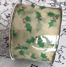 Christmas Wire Edge Ribbon 2.5  X 10 Yards 30 ft HOLLY/BERRIES On Ivory New
