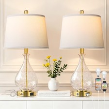 QiMH Glass Table Lamps for Living Room, Bedside Lamps Set of 2 with USB A C C...