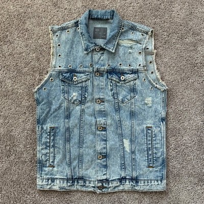 NEW MENS ZARA DISTRESSED STUDDED BLUE DENIM VEST SIZE MEDIUM