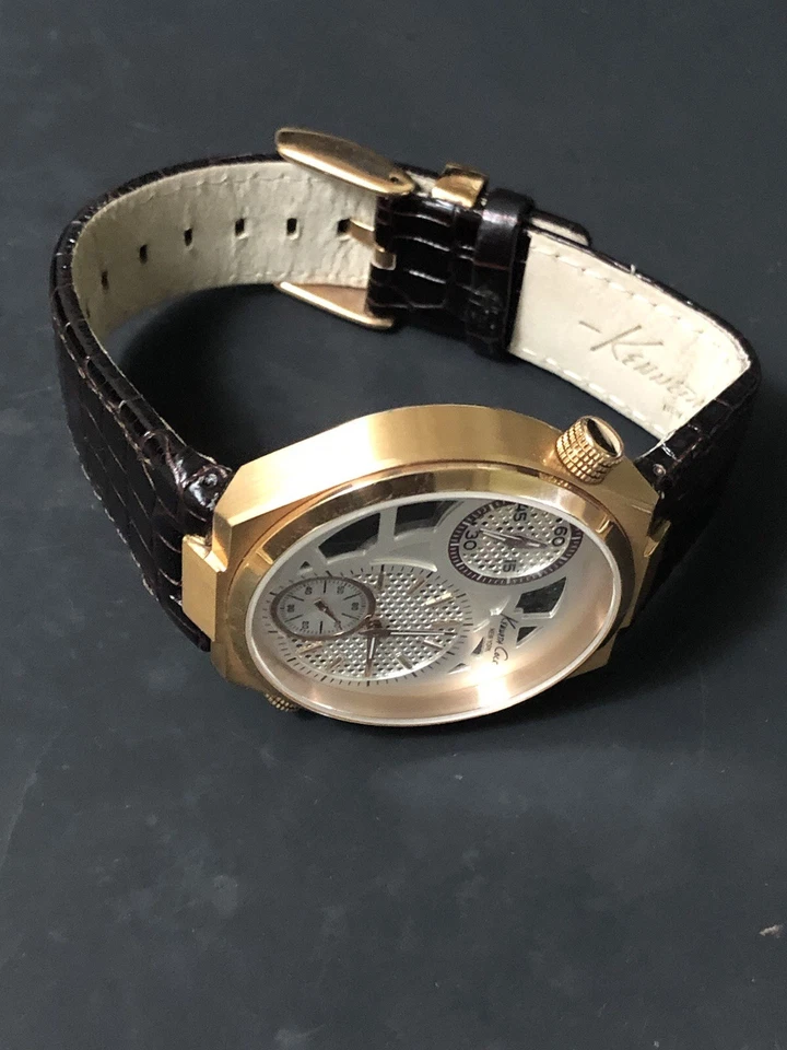 Kenneth Cole KC1715 Relógio Masculino DUAL TIME Esqueleto Dourado Rosa Pulseira Marrom Escuro - Imagem 2 de 4