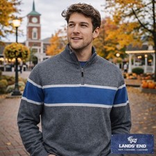 Lands End Cashmere Wool Sweater Men's Size Medium 1/4 Zip Gray Blue White Stripe
